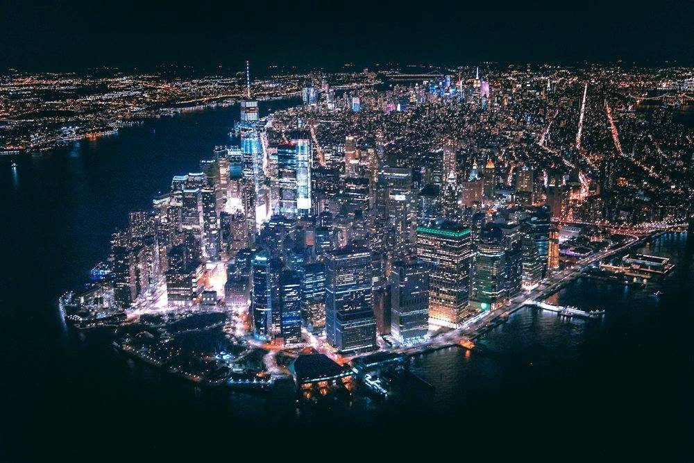 City buildings at night from above