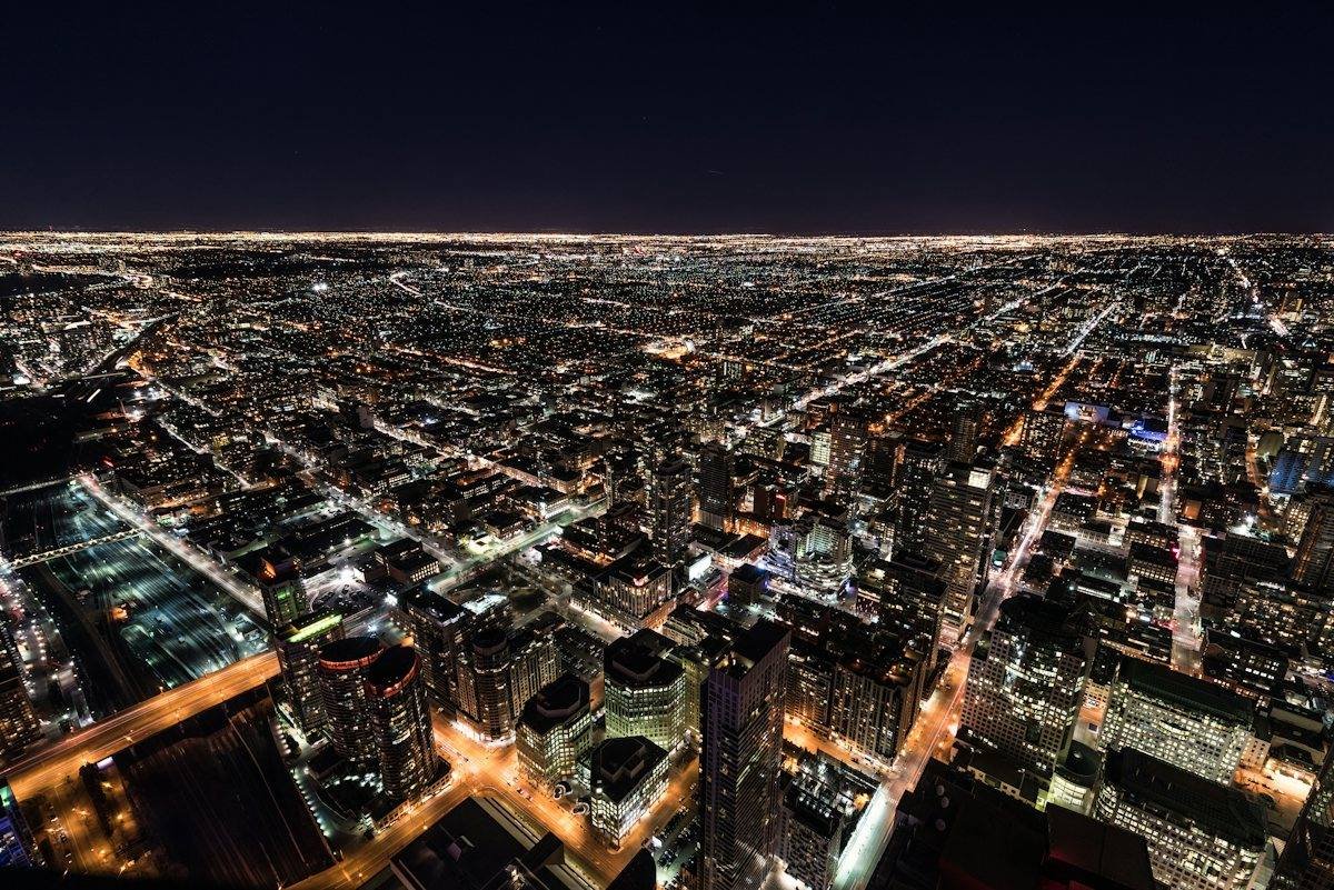 High-rise buildings lit at night